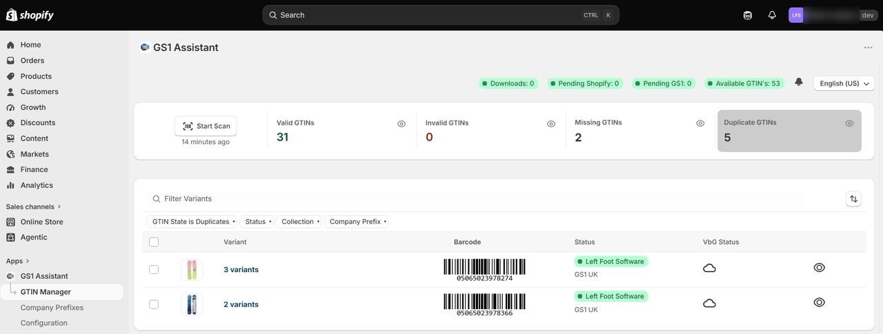 GS1 Assistant's GTIN Manager inside a Shopify admin, showing 31 valid, 0 invalid, 2 missing and 5 duplicate GTINs, filtered to duplicates. One barcode is shared by 3 variants and another by 2.