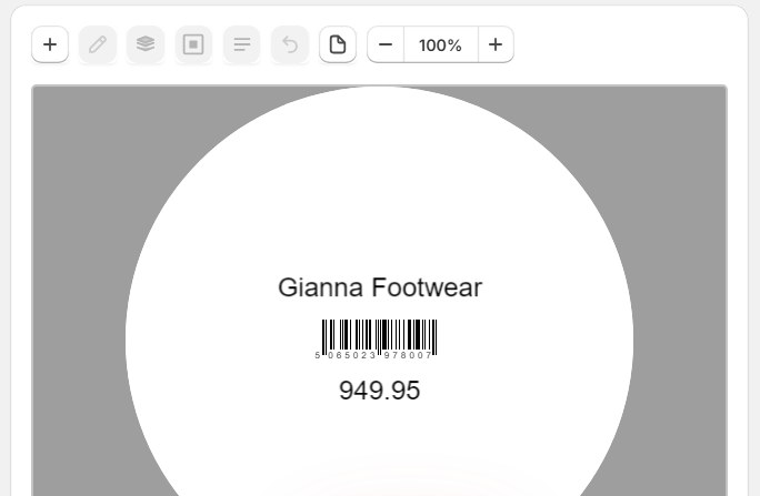 Label Wizard's editor showing a round label with a product name, its barcode and its price.