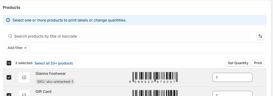 Label Wizard's print screen with three products ticked. Each row shows the product's barcode and a label quantity.
