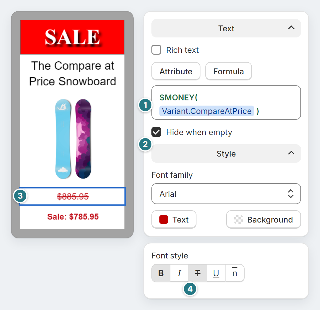 Label Wizard's editor with a sale label for The Compare at Price Snowboard. Marker 1 is the formula box holding $MONEY and the compare-at price. Marker 2 is the ticked Hide when empty box. Marker 3 is the old price, $885.95, struck through. Marker 4 is the strikethrough button under Font style.